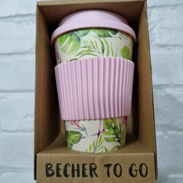 Eco thermo mug made of bamboo fiber, Pink flamingo 350 ml