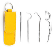 Portable set of 4 stainless steel toothpicks, yellow