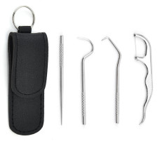 Portable set of 4 stainless steel toothpicks, black