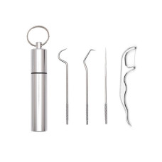 Portable set of 4 stainless steel toothpicks in a metal case
