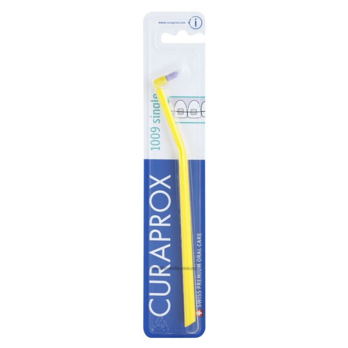 Curaprox Single 1009 Monobundle toothbrush for braces, yellow with purple bristles