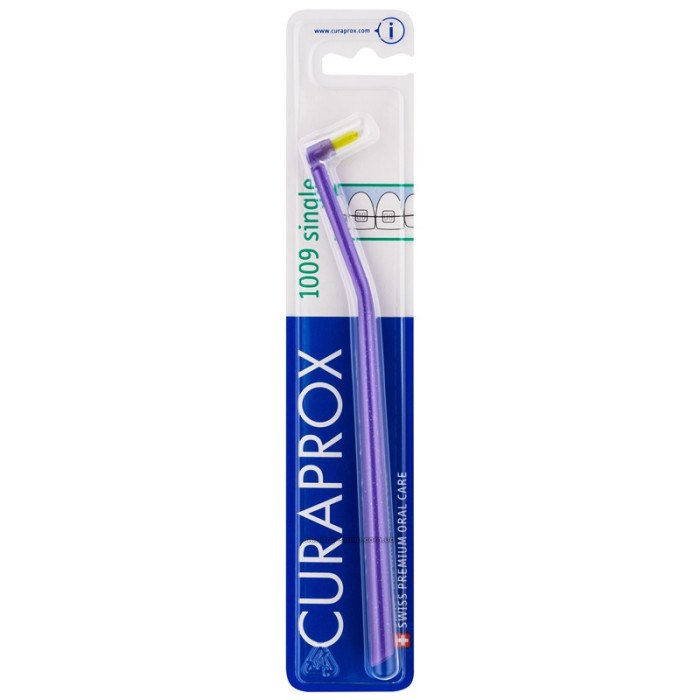 Curaprox Single 1009 Monobundle Toothbrush for Braces, Purple with Yellow Bristles